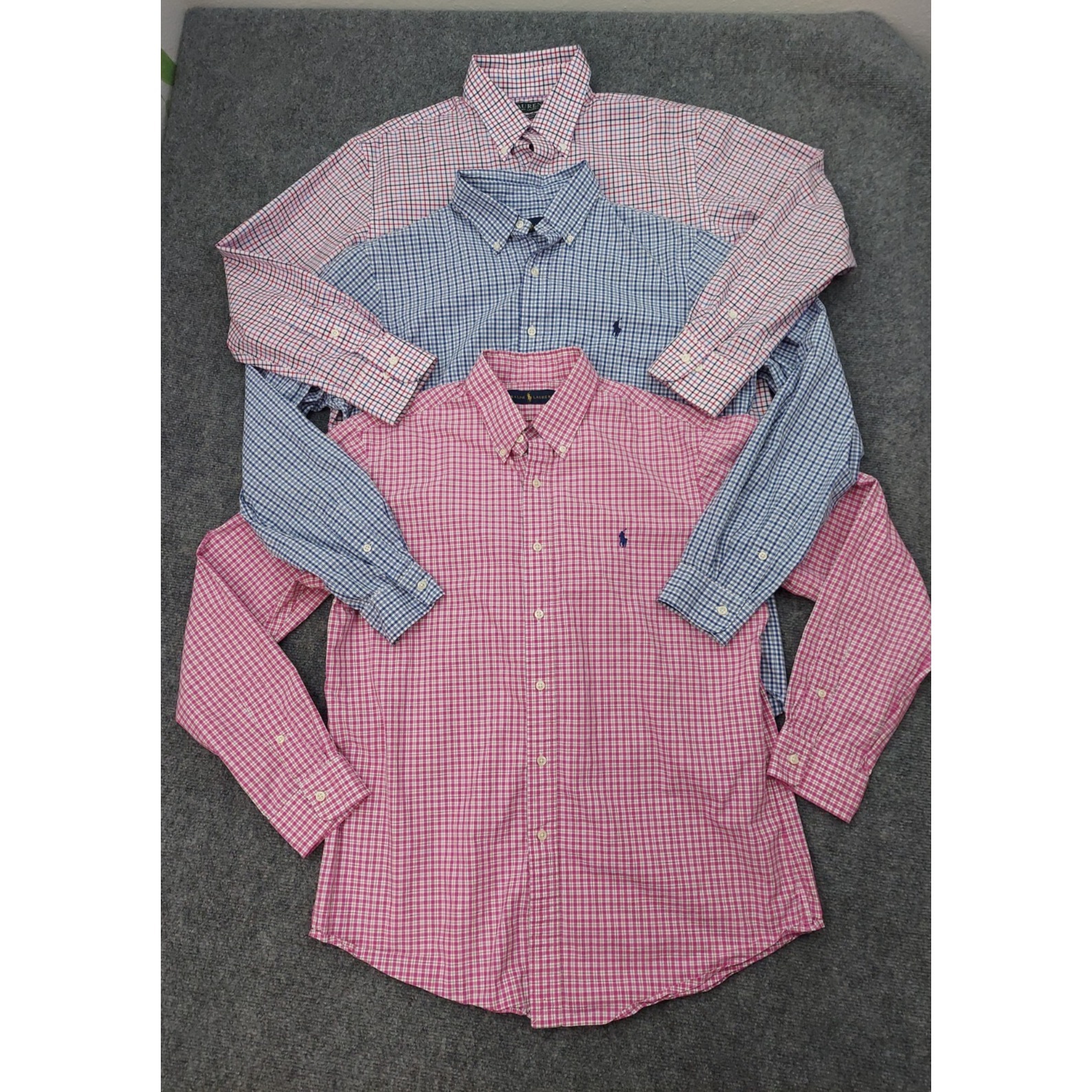 Lot 3 Ralph Lauren Shirt Men Large Blue Pink Plaid Button Down Pony Long Sleeve